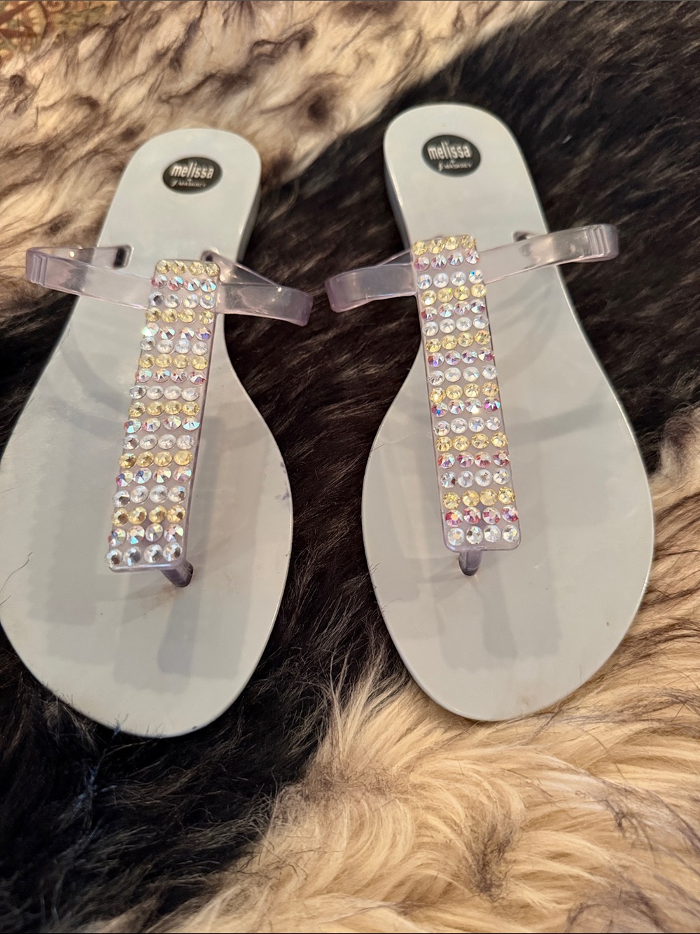 Melissa Women's Rhinestone T-Strap Jelly Sandals in Pale Gray and Clear - size 7